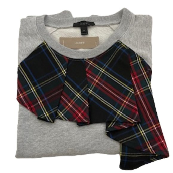 J.CREW Heather Gray Sweatshirt With Tartan Ruffle Detail Size XL NWT - Picture 7 of 16